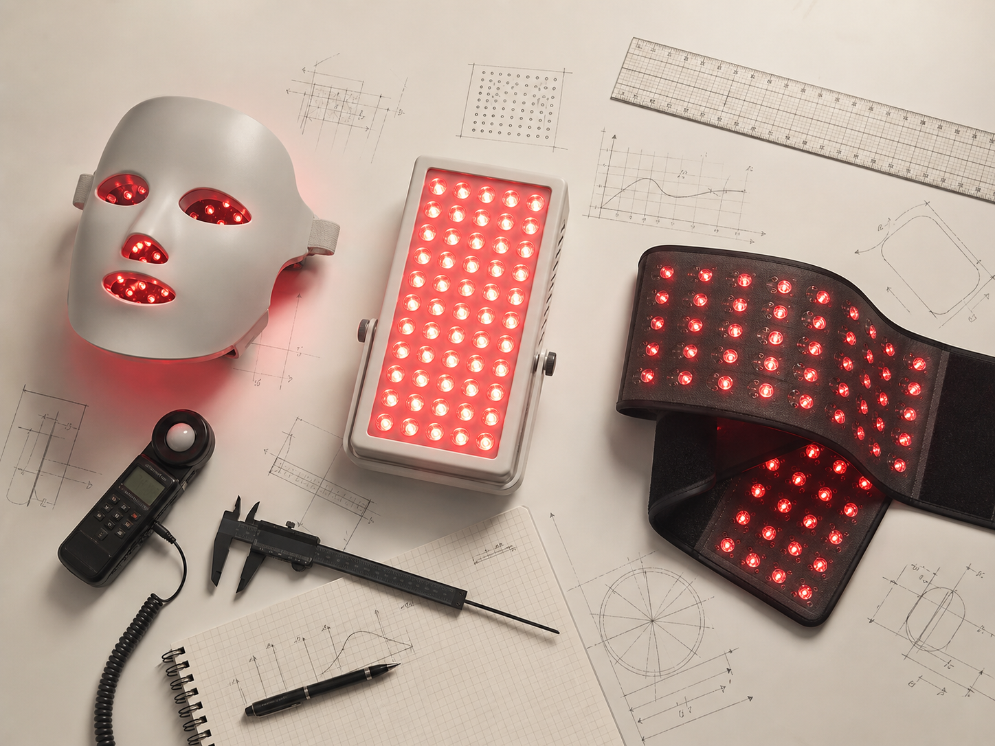 Red light therapy mask, panel, wrap, and measuring tools arranged on a test bench